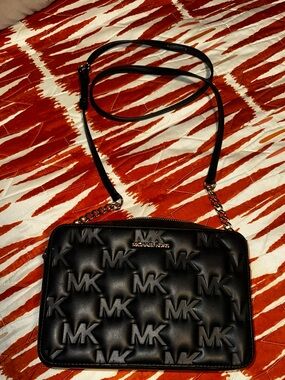 Michael Kors Black Quilted MK Logo Crossbody with Gold Hardware